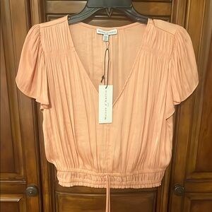 Peach Crop Blouse with Flutter Sleeves and Tie Front